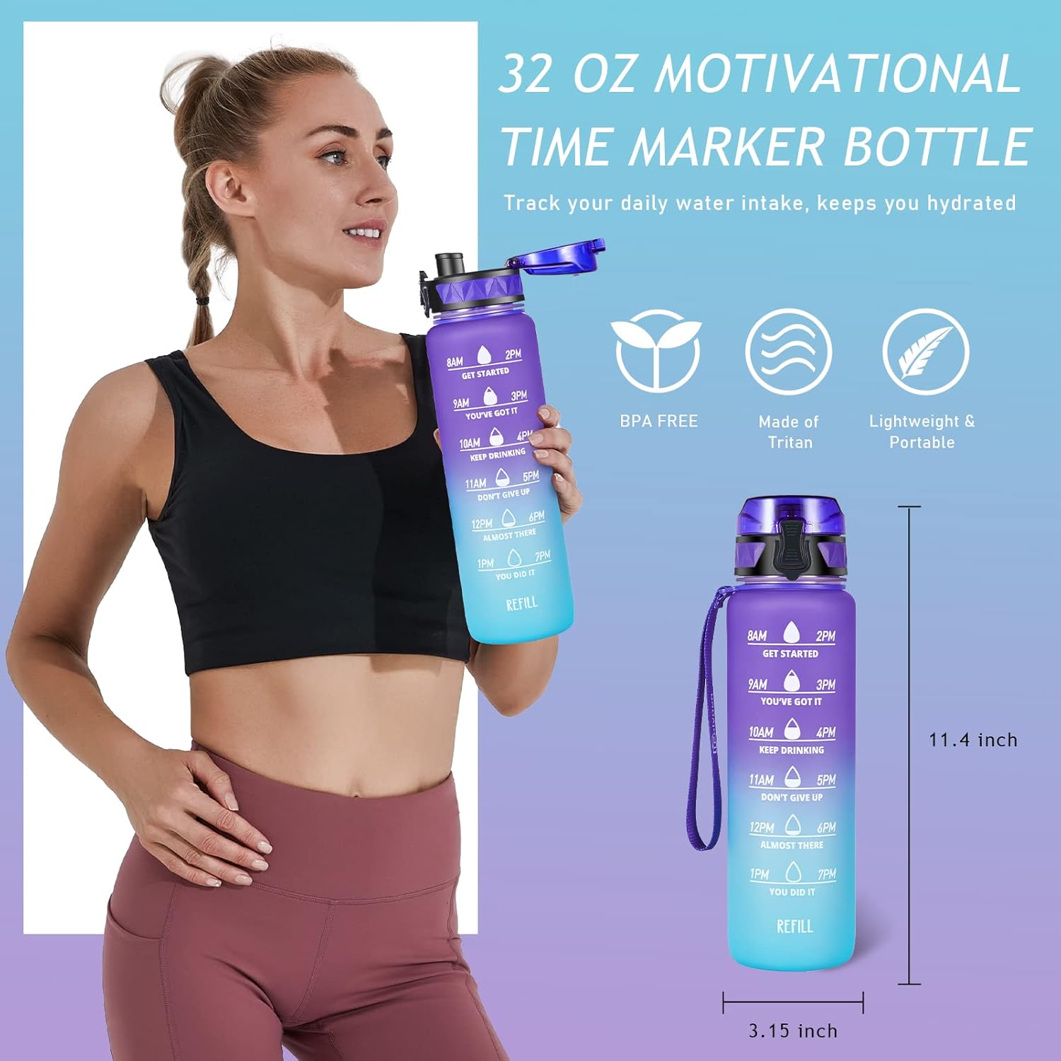 HydrateHarmony™️ Motivational Water Bottle | Water Bottles 2 Litre Stainless Steel Drinking Bottle Gym Sipper Travel HydrateHarmony™️ Motivational Water Bottle Zaavio®