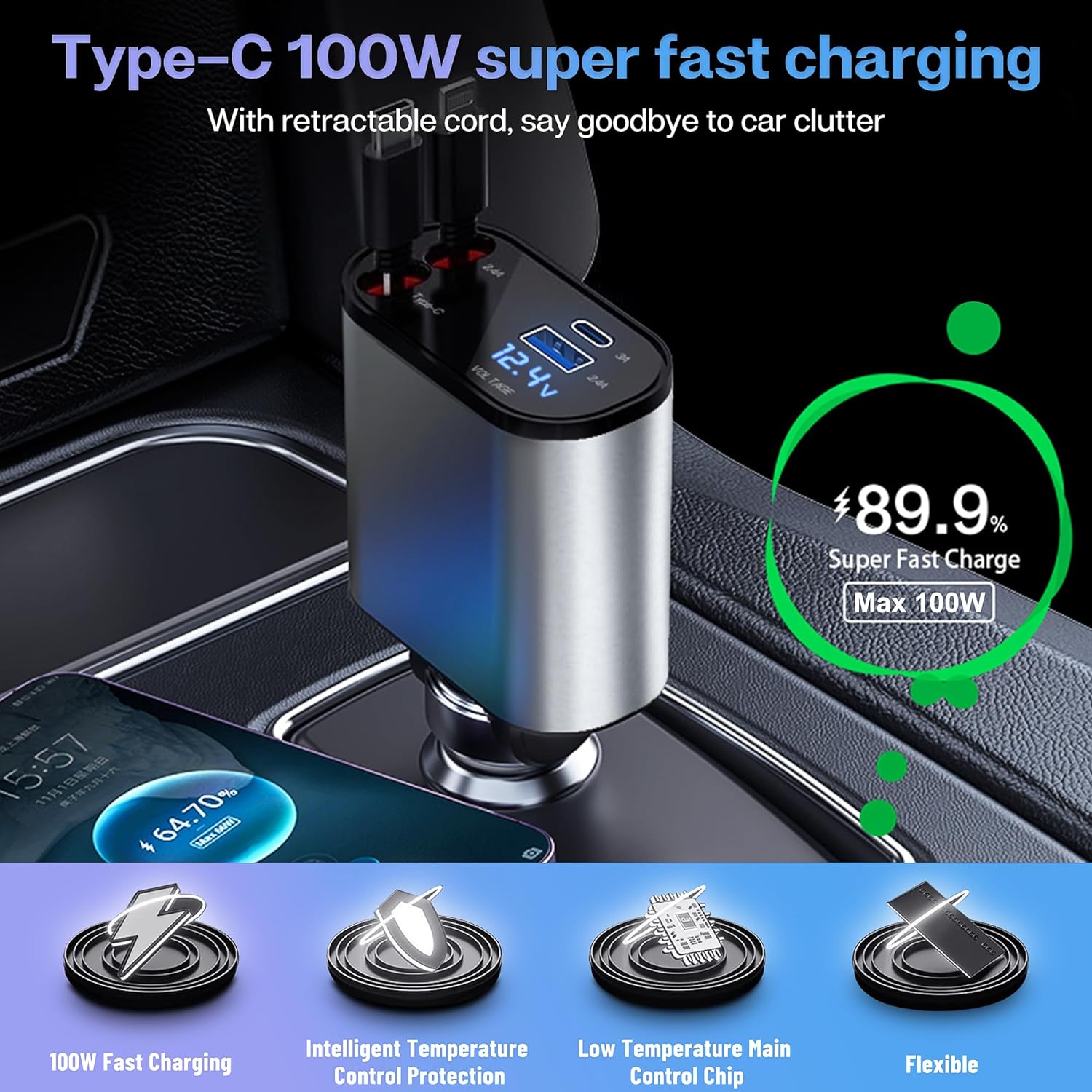 Retractable Car Charger | Car Charger Type C Usb Charger Adapter Automobile Charger For Car Accessory Retractable Car Charger Zaavio®