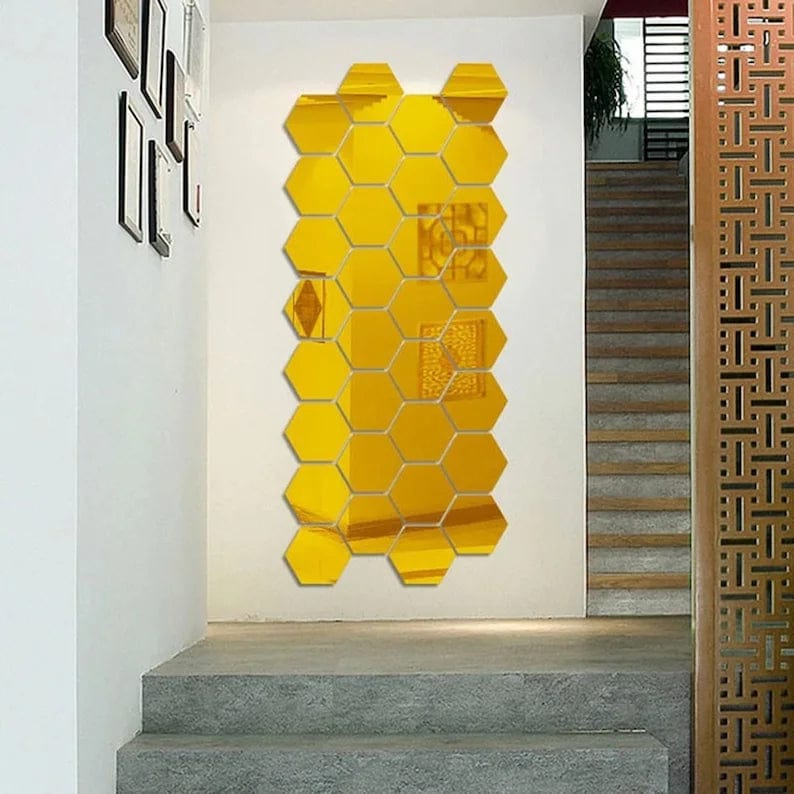 3D Hexagon Mirror Stickers (Golden 12 pcs) Zaavio®️