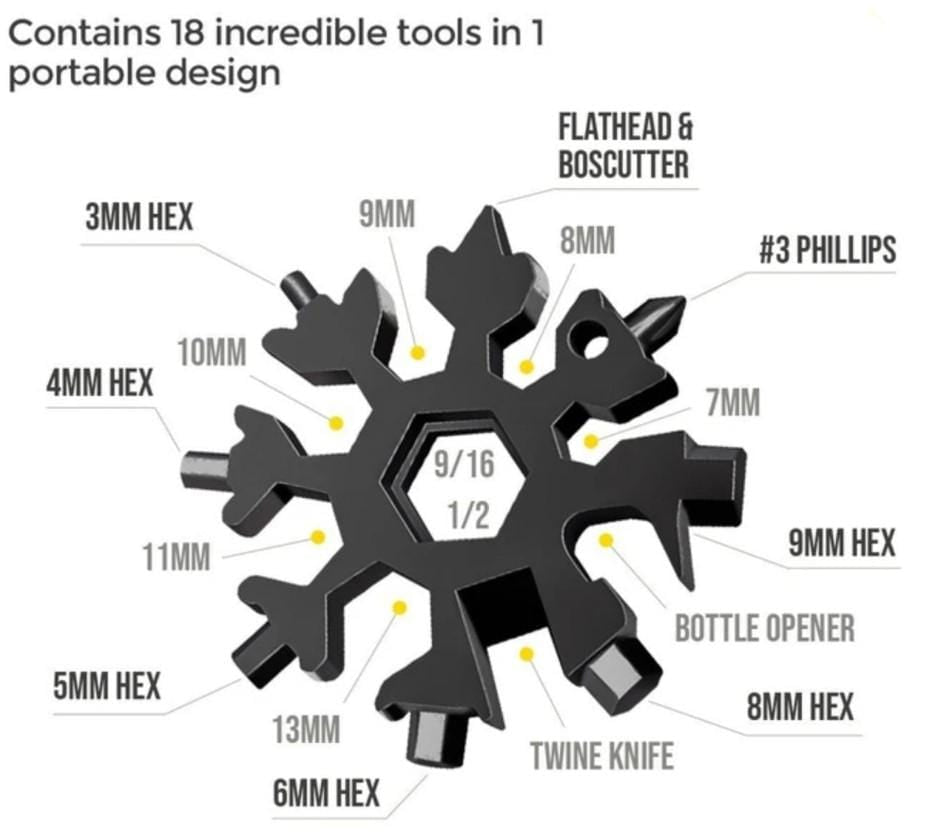18 in 1 Snowflake Multipurpose Tool All in One Pocket Tool  - 18-In-1 Snowflake Multi-Tool - Silver - 18-In-1 Snowflake Multi-Tool