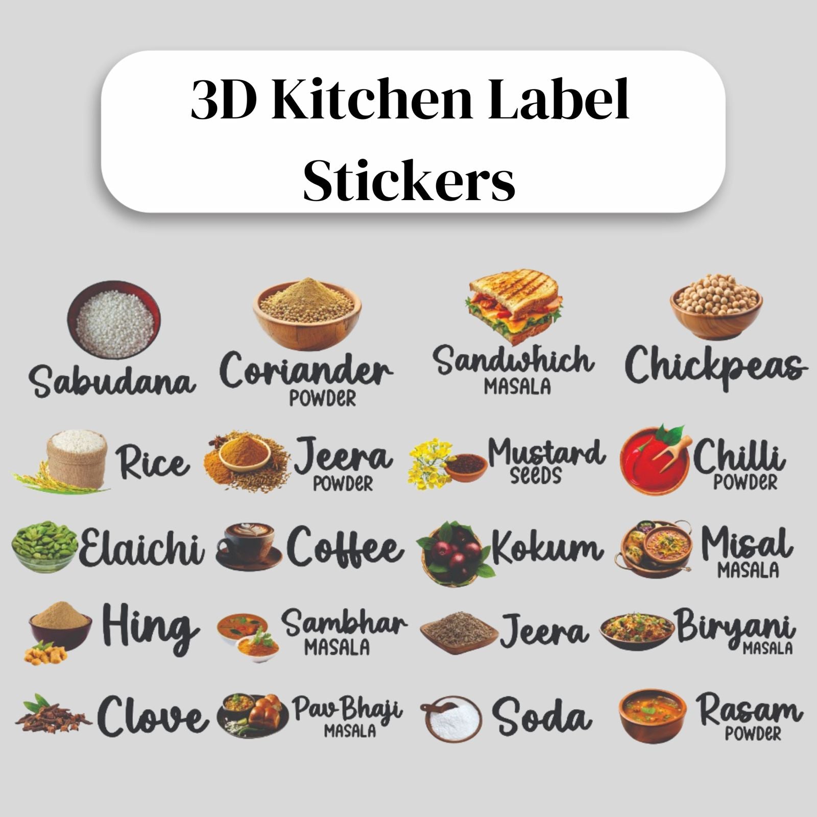 3D Kitchen Label Stickers (Set of 60 Stickers)