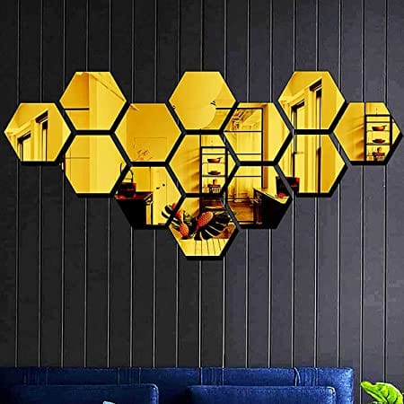 Mirror wall stickers wall stickers for living room 3d hexagon mirror - 3D Hexagon Mirror Stickers (Golden 12 pcs) - 3D Hexagon Mirror Stickers (Golden 12 pcs)