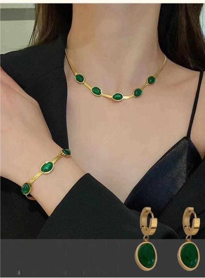 Oval Green Crystal Pendant Necklace Set Zaavio®