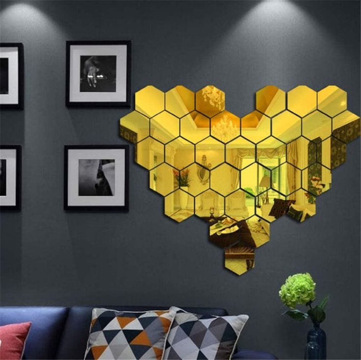Mirror wall stickers wall stickers for living room 3d hexagon mirror - 3D Hexagon Mirror Stickers (Golden 12 pcs)