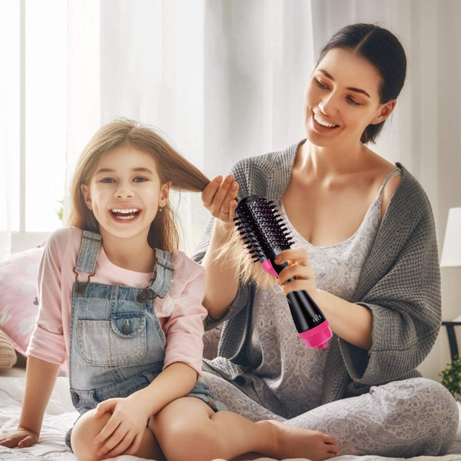 Hair dryer with outlet straightening brush