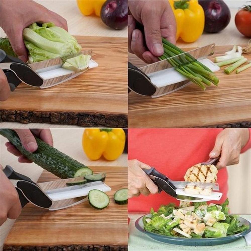 Vegetable Slicer Kitchen Cutter Salad Scissors - 2 in 1 Cutting Board Knife  - Plus Blade Sharpener